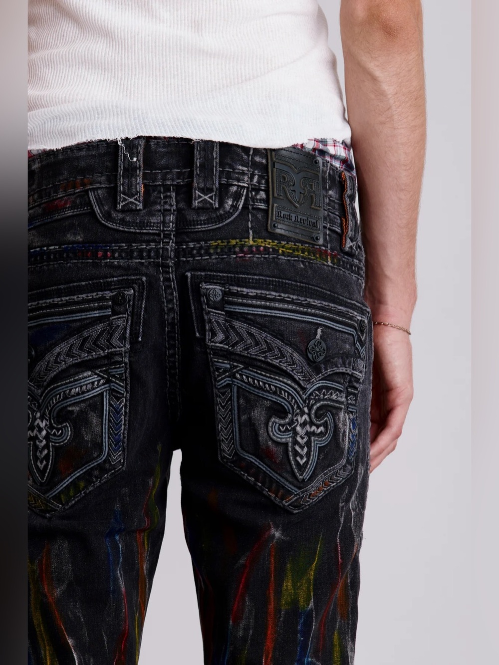 Rock Revival Lunar Rock Alt Straight Men’s Black Jeans with Multicolor Streaks - Picture 5 of 16